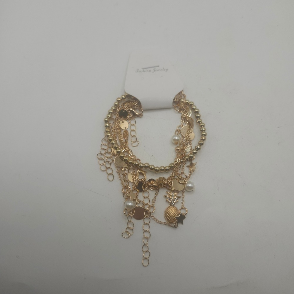 Gold Tone Multistrand Charm Bracelet Faux Pearl Pineapple Star Disc Adjustable